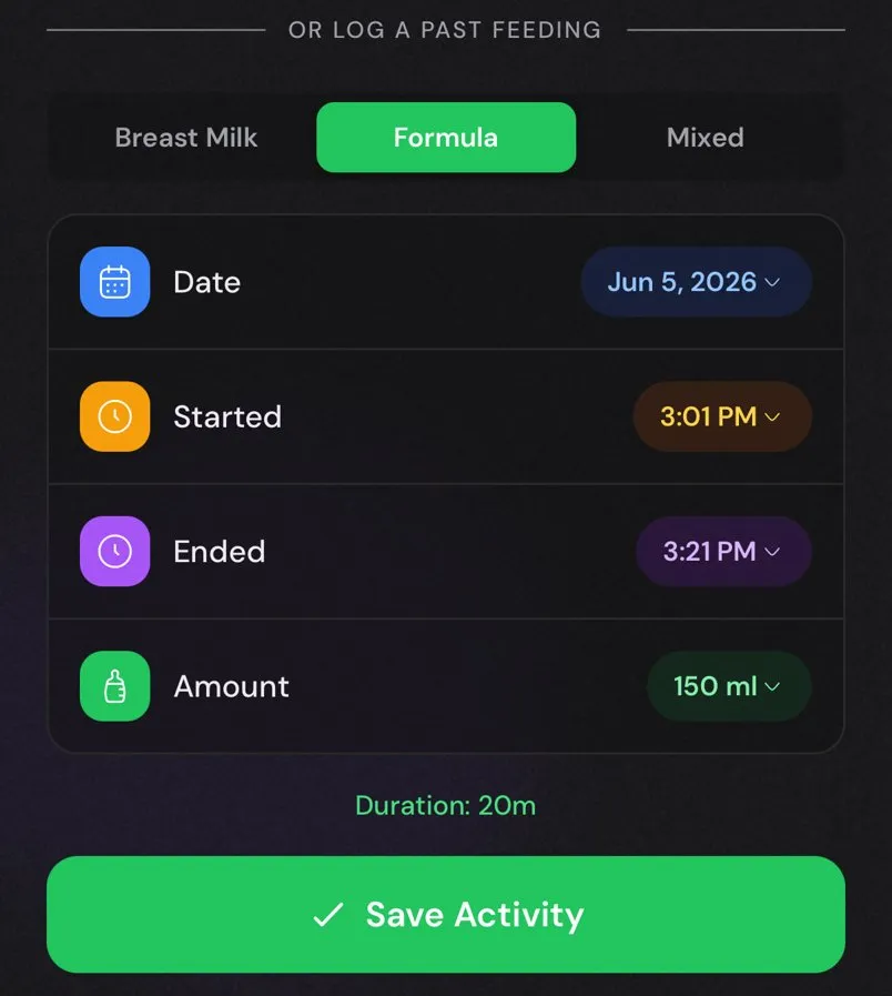 JoyNap's bottle log on iPhone: Breast Milk, Formula and Mixed options, start and end times, and the amount in the bottle