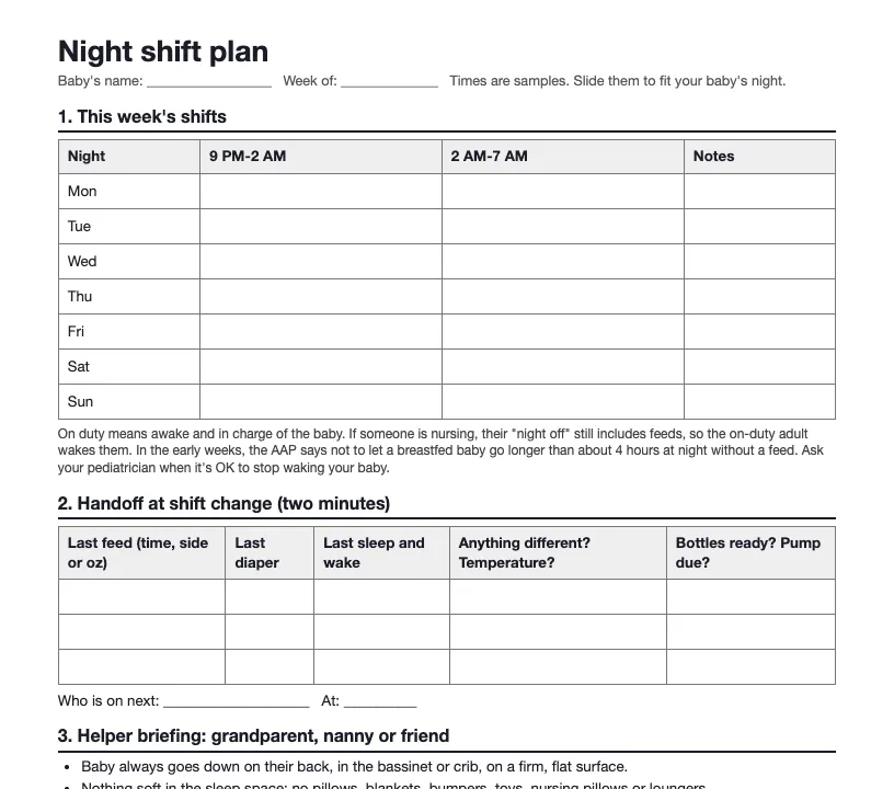 Page one of the night shift plan printable: a week-long shift grid split at 2 AM, and a handoff log