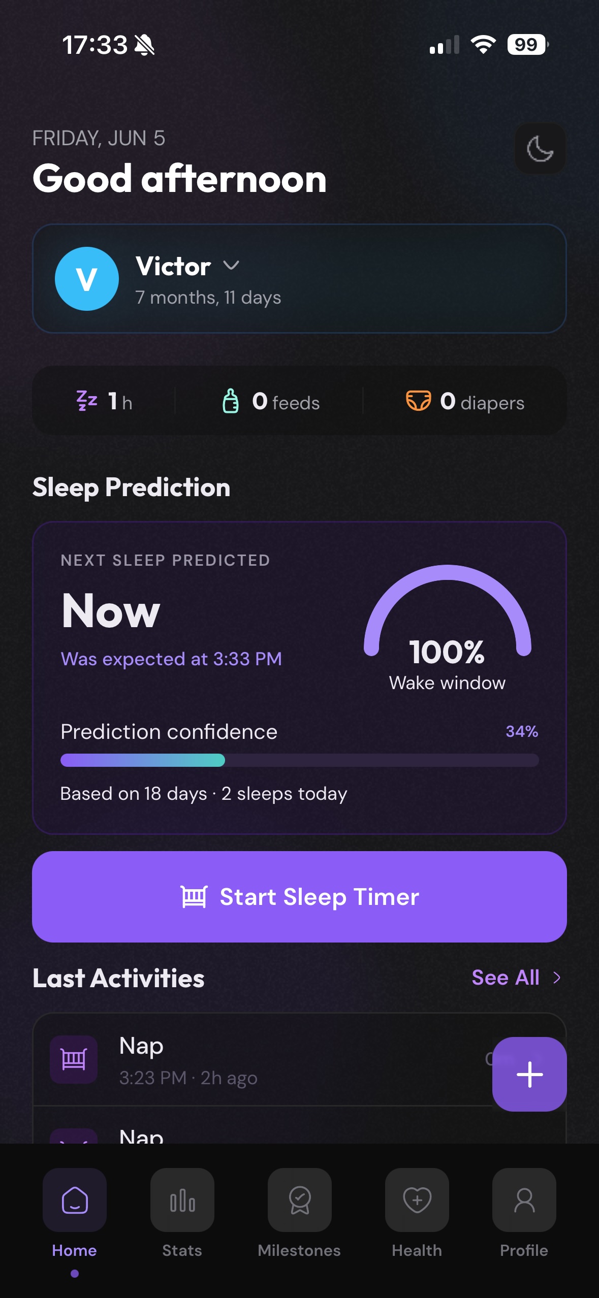 JoyNap home screen in dark mode