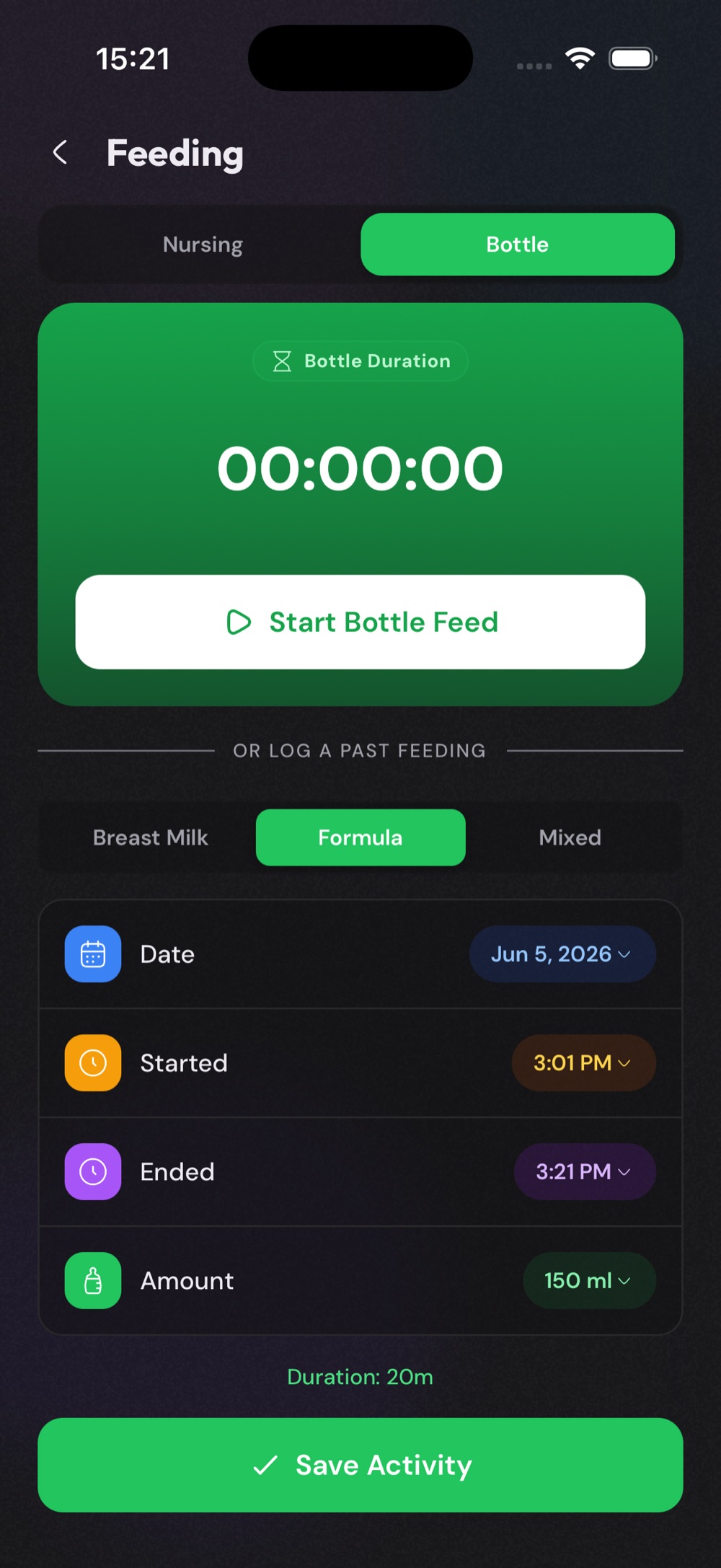 JoyNap feeding screen with a bottle timer and a past-feed log form
