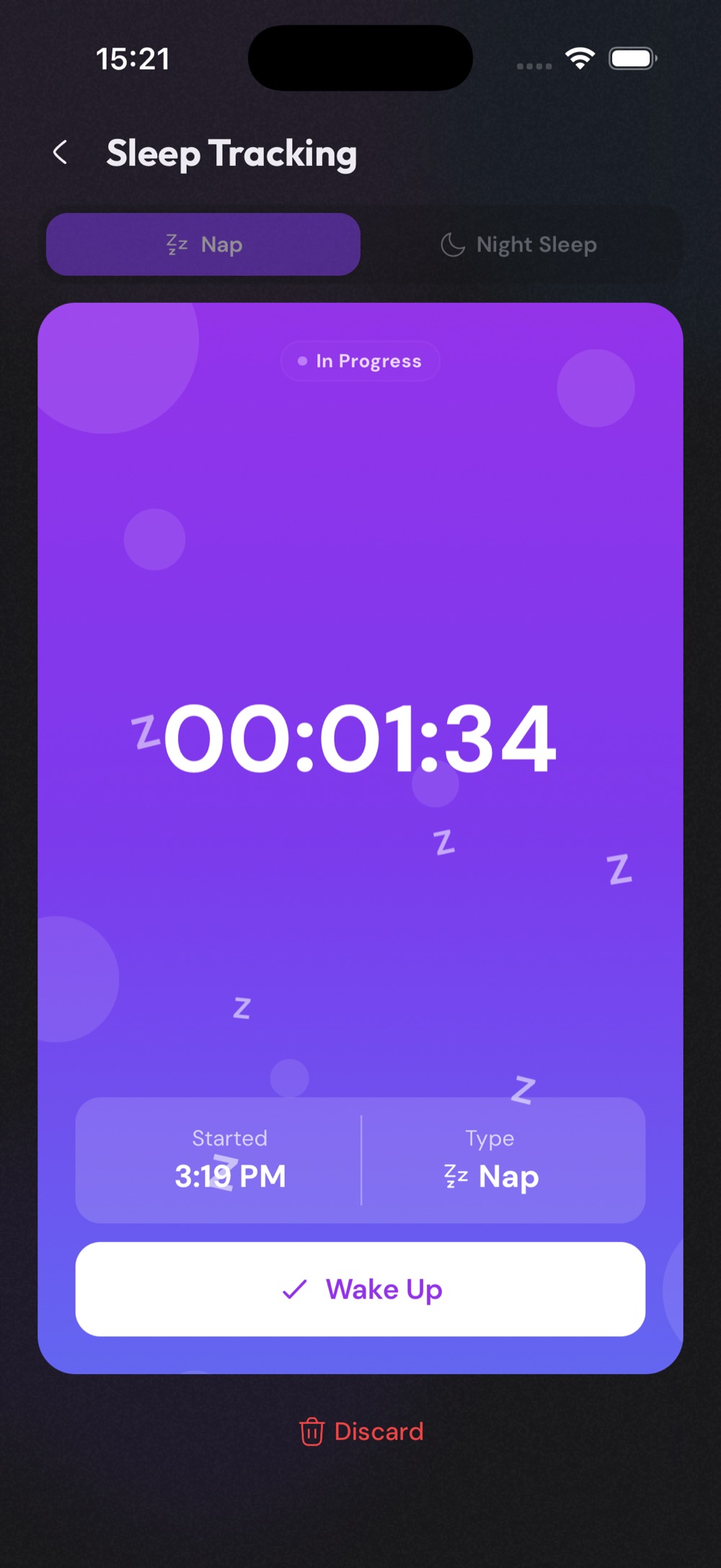 JoyNap sleep tracking screen with a running nap timer