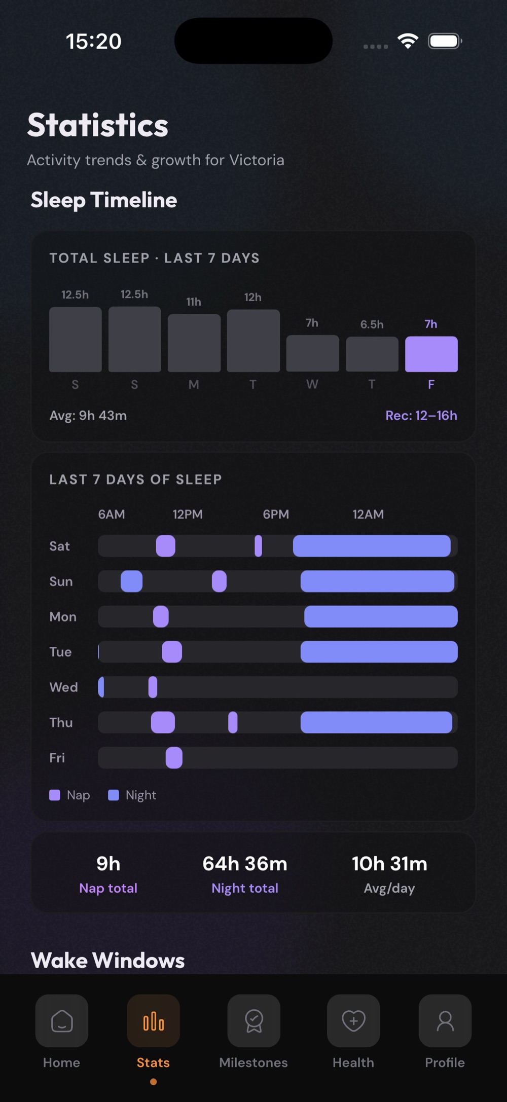 JoyNap statistics screen showing a 7-day sleep timeline and totals